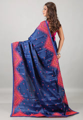 Navy Blue Kantha Silk Saree With Blouse Piece - Adi Akshoy & Co.