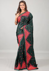 Rama Green Kantha Silk Saree With Blouse Piece - Adi Akshoy & Co.