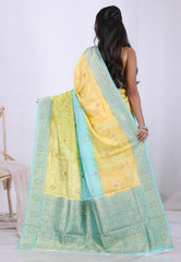 Yellow & Sky Blue Mashru Silk Saree with Blouse Piece  – Adi Akshoy & Co.