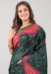 Rama Green Kantha Silk Saree With Blouse Piece - Adi Akshoy & Co.