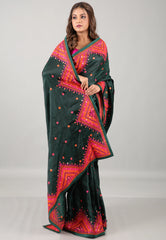 Rama Green Kantha Silk Saree With Blouse Piece - Adi Akshoy & Co.