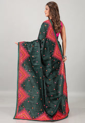 Rama Green Kantha Silk Saree With Blouse Piece - Adi Akshoy & Co.