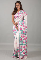 White Kantha Silk Saree With Blouse Piece - Adi Akshoy & Co.