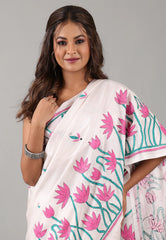 White Kantha Silk Saree With Blouse Piece - Adi Akshoy & Co.