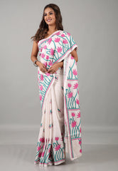 White Kantha Silk Saree With Blouse Piece - Adi Akshoy & Co.