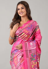 Rani Pink Kantha Silk Saree With Blouse Piece - Adi Akshoy & Co.