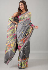 Gray Kantha Silk Saree With Blouse Piece - Adi Akshoy & Co.