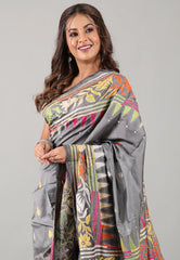 Gray Kantha Silk Saree With Blouse Piece - Adi Akshoy & Co.