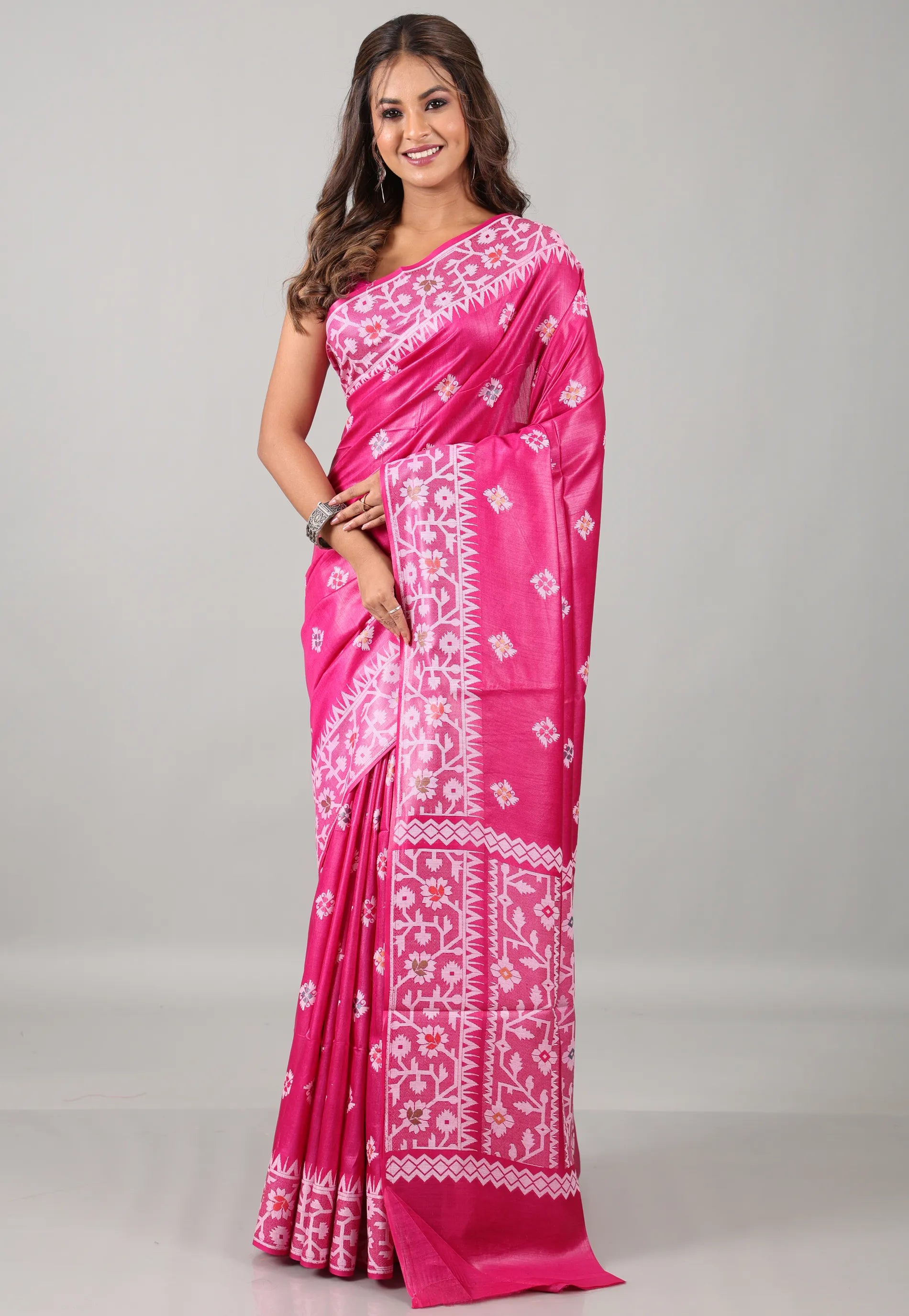 Rani Hot Pink Pure Tussar Silk Saree with Blouse Piece - Adi Akshoy & Co.