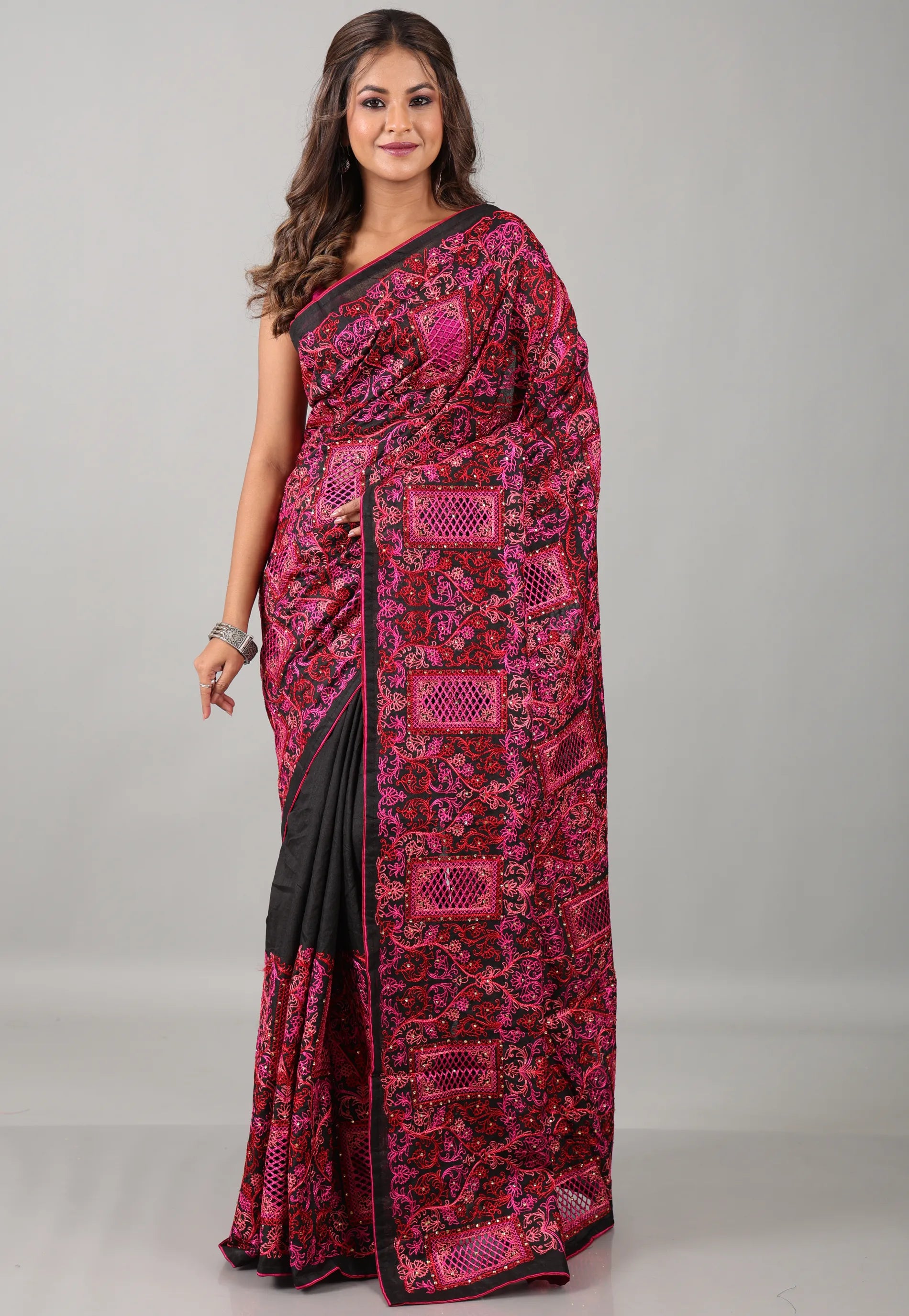 Black Kantha Silk Saree With Blouse Piece - Adi Akshoy & Co.
