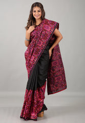 Black Kantha Silk Saree With Blouse Piece - Adi Akshoy & Co.
