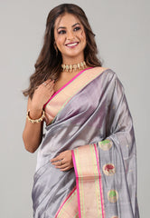 Gray Sico Bengal Handloom Saree With Blouse Piece - Adi Akshoy & Co.