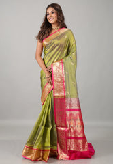 Pesta Green Sico Handloom Saree With Blouse Piece - Adi Akshoy & Co.