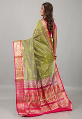 Pesta Green Sico Handloom Saree With Blouse Piece - Adi Akshoy & Co.