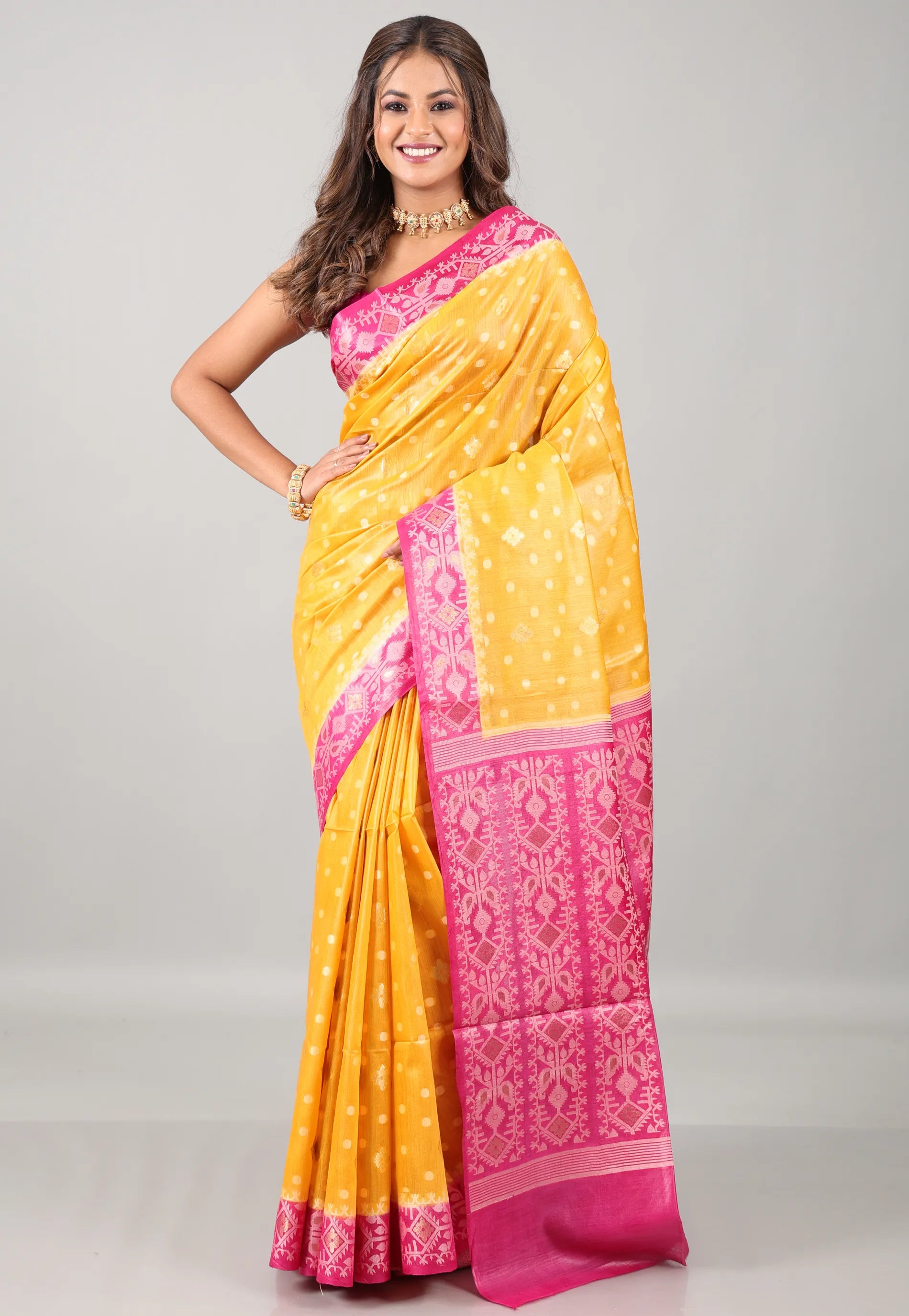 Yellow Pure Tussar Silk Saree with Blouse Piece - Adi Akshoy & Co.