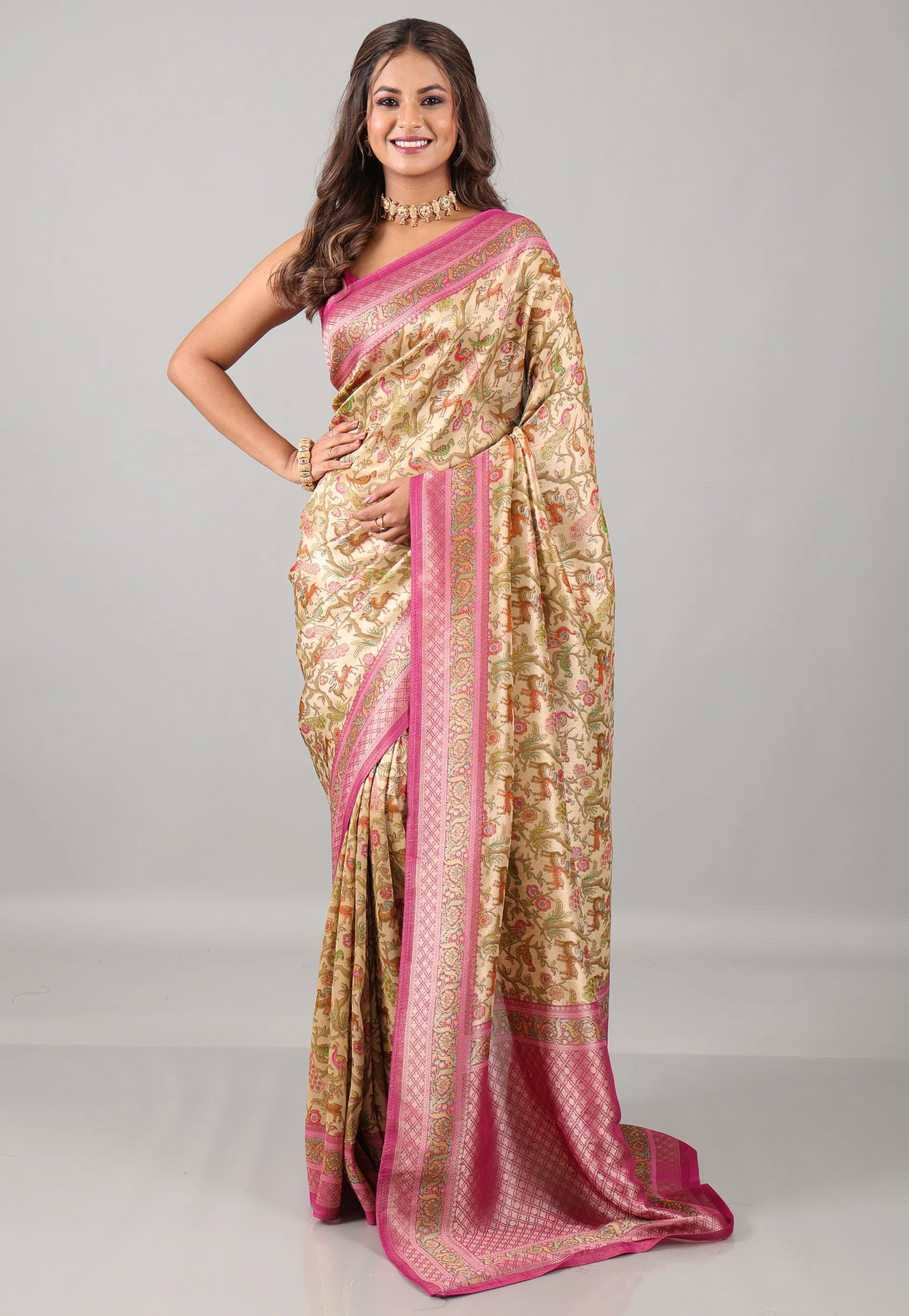 Beige Kani Silk Saree With Blouse Piece - Adi Akshoy & Co.