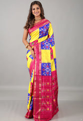 Yellow Pure Ikkat Silk Saree With Blouse Piece - Adi Akshoy & Co.