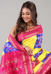 Yellow Pure Ikkat Silk Saree With Blouse Piece - Adi Akshoy & Co.