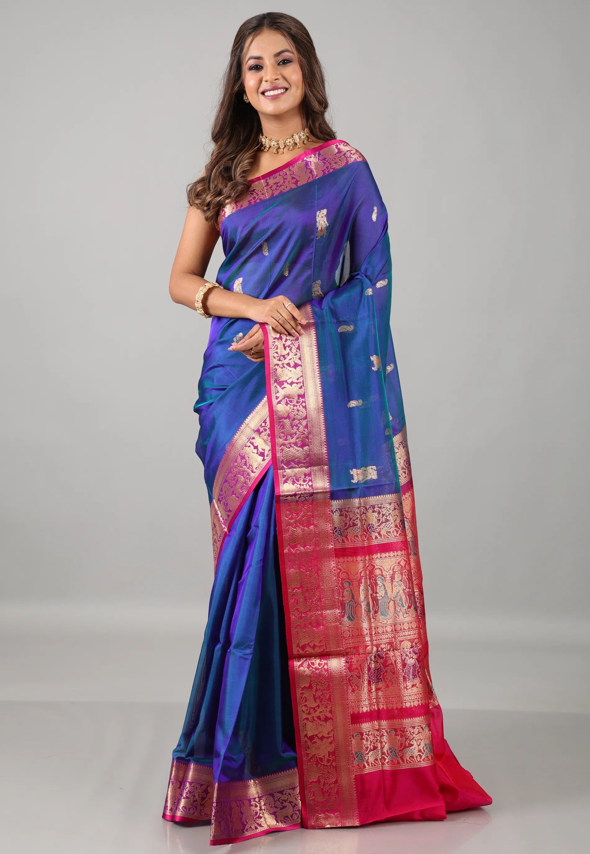 Blue Green Sico Handloom Saree With Blouse Piece - Adi Akshoy & Co.