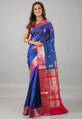 Blue Green Sico Handloom Saree With Blouse Piece - Adi Akshoy & Co.