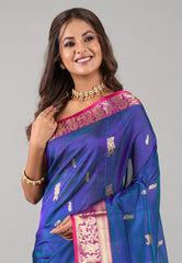 Blue Green Sico Handloom Saree With Blouse Piece - Adi Akshoy & Co.