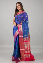 Blue Green Sico Handloom Saree With Blouse Piece - Adi Akshoy & Co.