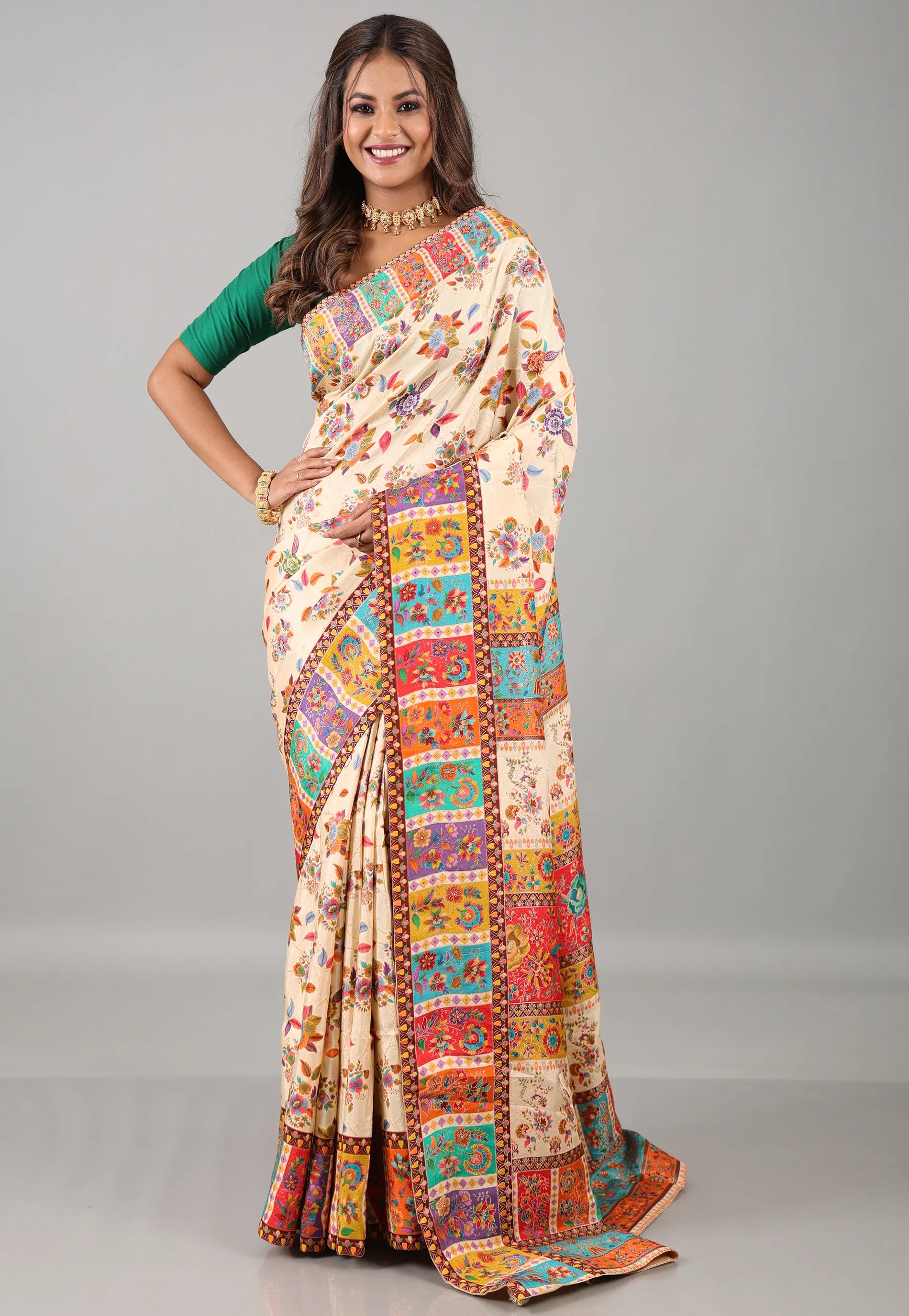 Cream Kani Silk Saree With Blouse Piece - Adi Akshoy & Co.