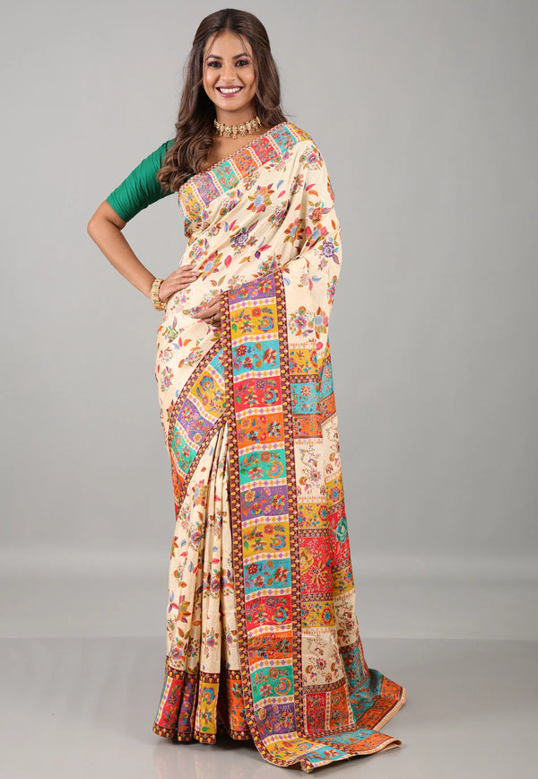 Cream Kani Silk Saree With Blouse Piece - Adi Akshoy & Co.