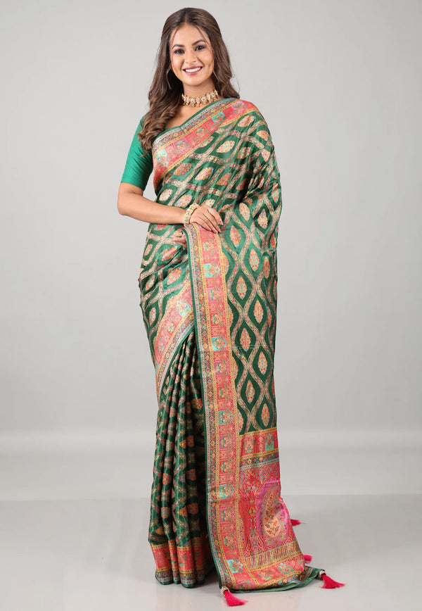 Bottle Green Kani Silk Saree With Blouse Piece - Adi Akshoy & Co.