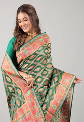 Bottle Green Kani Silk Saree With Blouse Piece - Adi Akshoy & Co.