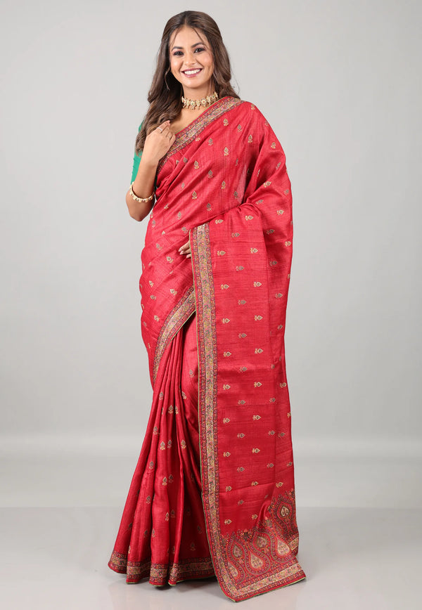 Red Pure Tussar Kantha Silk Saree With Blouse Piece - Adi Akshoy & Co.