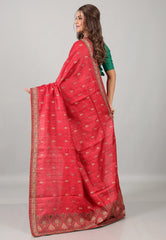 Red Pure Tussar Kantha Silk Saree With Blouse Piece - Adi Akshoy & Co.