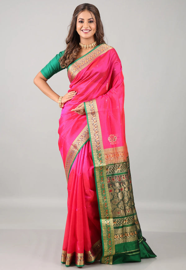 Rani Pink Sico Handloom Saree With Blouse Piece - Adi Akshoy & Co.