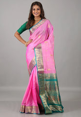 Pink Sico Handloom Saree With Blouse Piece - Adi Akshoy & Co.
