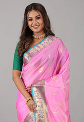 Pink Sico Handloom Saree With Blouse Piece - Adi Akshoy & Co.