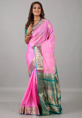 Pink Sico Handloom Saree With Blouse Piece - Adi Akshoy & Co.