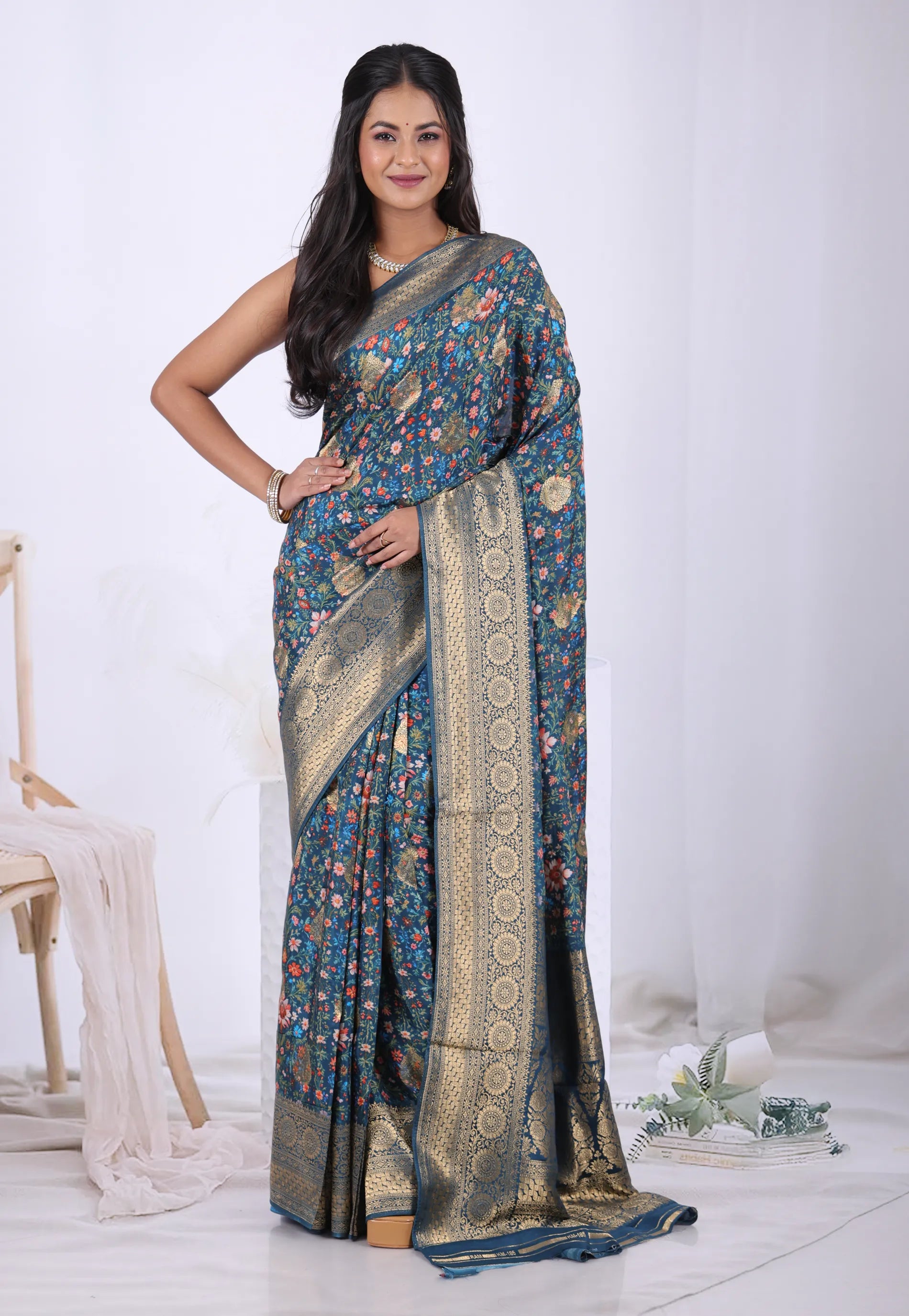 Floral Blue with  Zari work Khaddi Georgette Saree with Blouse Piece  – Adi Akshoy & Co.