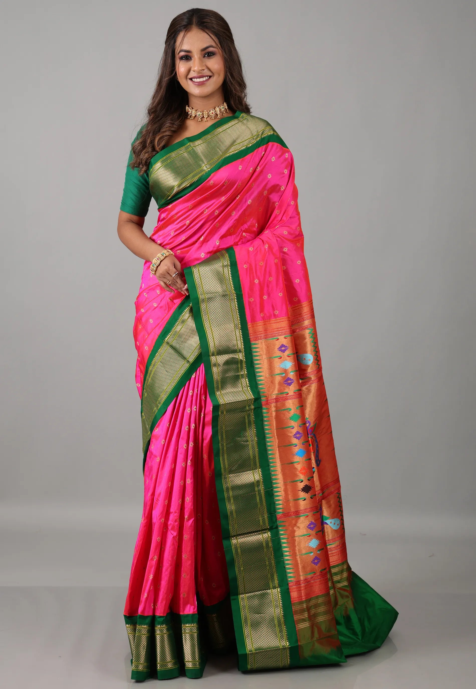 Rani Pink Pure Paithani Silk Saree With Blouse Piece  - Adi Akshoy & Co.