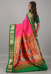 Rani Pink Pure Paithani Silk Saree With Blouse Piece  - Adi Akshoy & Co.