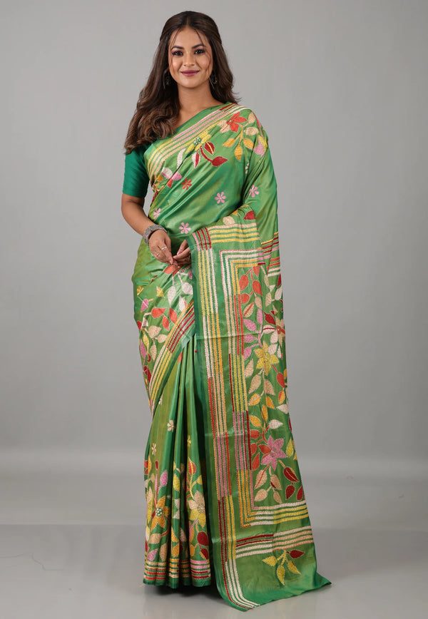 Cross Green Kantha Silk Saree With Blouse Piece - Adi Akshoy & Co.