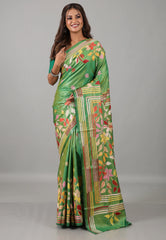 Cross Green Kantha Silk Saree With Blouse Piece - Adi Akshoy & Co.