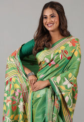 Cross Green Kantha Silk Saree With Blouse Piece - Adi Akshoy & Co.