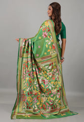 Cross Green Kantha Silk Saree With Blouse Piece - Adi Akshoy & Co.
