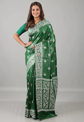 Rama Green Pure Tussar Silk Saree with Blouse Piece - Adi Akshoy & Co.