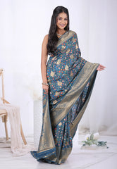Floral Blue with  Zari work Khaddi Georgette Saree with Blouse Piece  – Adi Akshoy & Co.