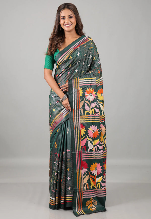 Light Steel Blue Kantha Silk Saree With Blouse Piece - Adi Akshoy & Co.