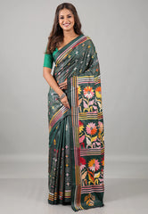 Light Steel Blue Kantha Silk Saree With Blouse Piece - Adi Akshoy & Co.
