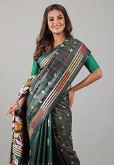 Light Steel Blue Kantha Silk Saree With Blouse Piece - Adi Akshoy & Co.