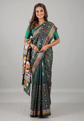 Light Steel Blue Kantha Silk Saree With Blouse Piece - Adi Akshoy & Co.