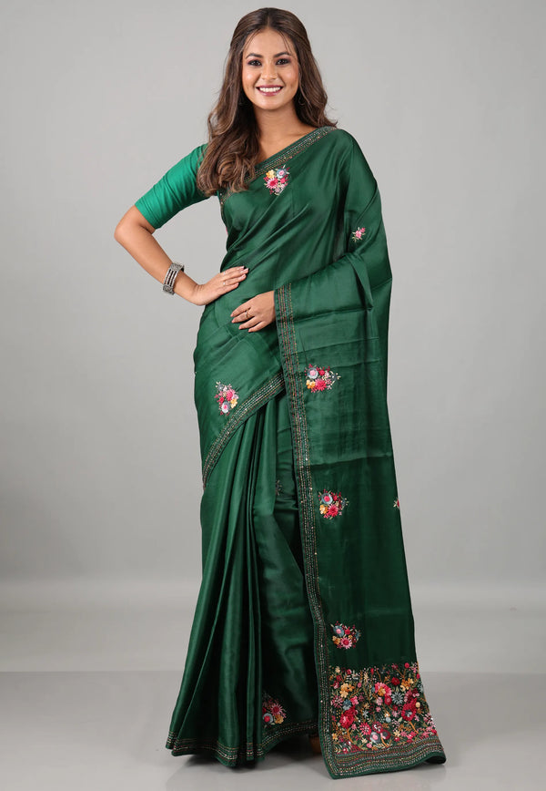 Rama Green Kantha Silk Saree With Blouse Piece - Adi Akshoy & Co.